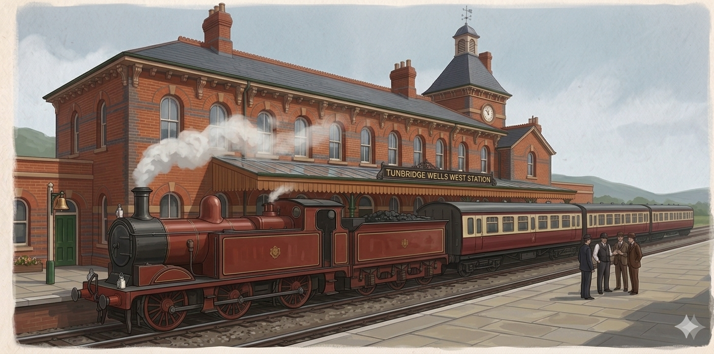 A painterly illustration of a grand Victorian red-brick railway station featuring a clocktower, arched windows, and a platform with two people standing near the entrance.
