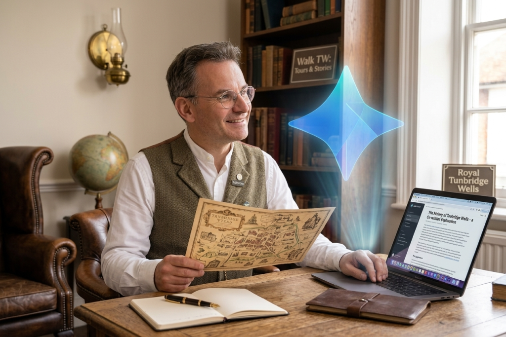 A man in a vintage-style vest sits at a wooden desk in a study, holding a historical map while looking at a laptop, with a glowing star icon floating nearby.