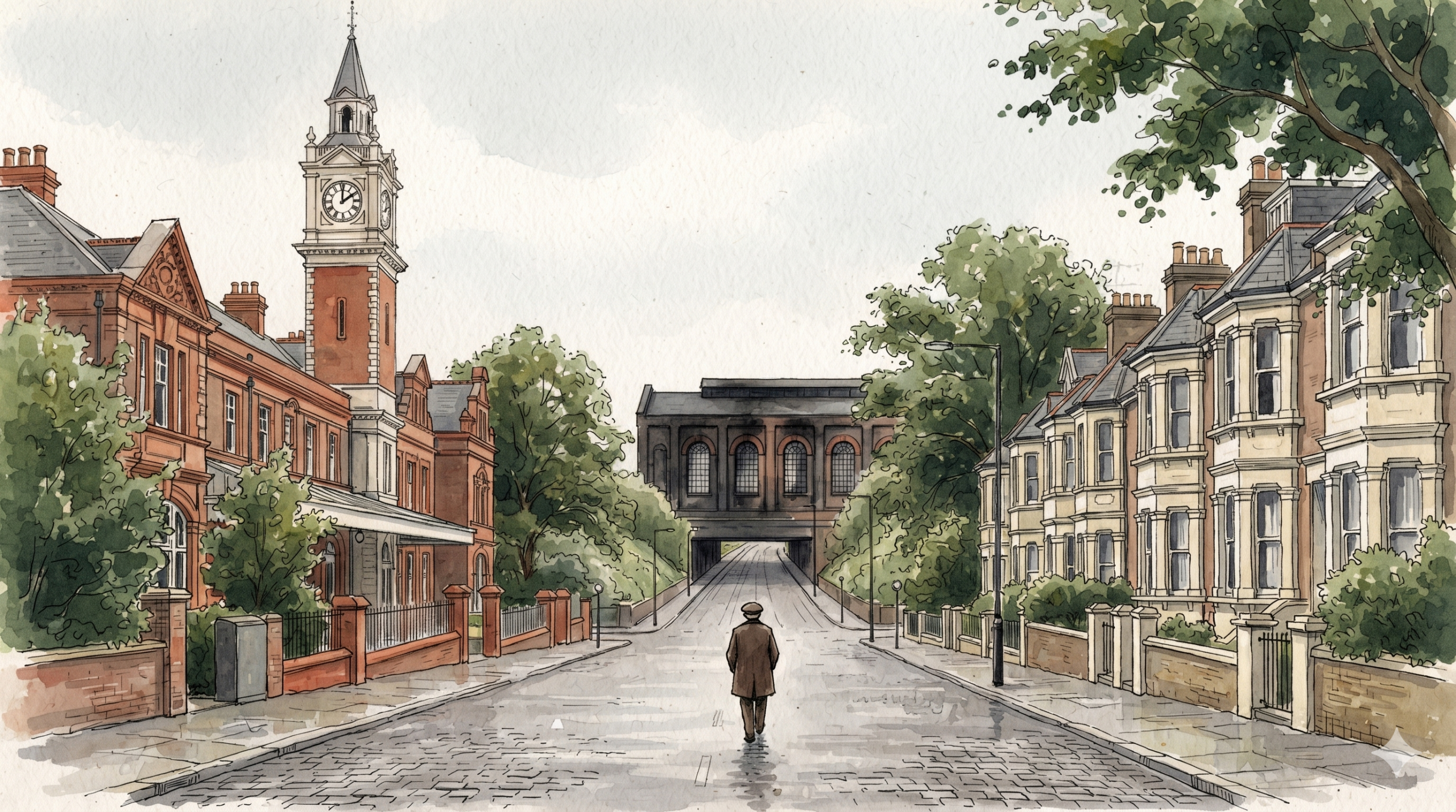 A watercolor illustration of a wide, slightly wet street in Tunbridge Wells, looking south. On the left are Edwardian red-brick railway buildings with a dominant white clock tower. On the right are terraced Victorian homes. A small, lone figure in a coat walks down the center of the road. In the distance, a large engine shed spans a cutting.