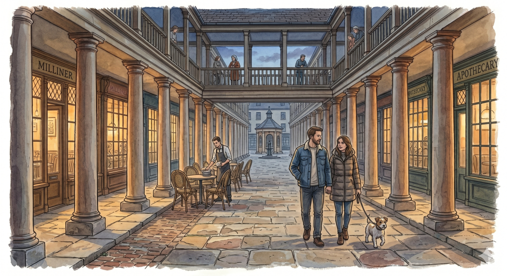 Following the walktw.co.uk editorial image theme: a quietly beautiful watercolour-and-ink illustration of The Pantiles colonnade at dusk in the present day. The Georgian architecture is unchanged — the Tuscan columns, the Upper Walk, the familiar roofline. The scene is the end of an ordinary evening: a few café tables being cleared, a couple walking slowly under the colonnade, a dog on a lead, warm light from a restaurant window. The Chalybeate Spring is visible in the middle distance. The mood is neither celebratory nor melancholy — it is simply the town continuing to exist, as it has always done, with more happening inside it than its surface suggests. This is the same stage as the Georgian promenade from Part 2's hero image — same columns, same proportions, same walk — but the light is cooler, the clothes are contemporary, and something has quietly changed. Dusk palette: deep ochre, fading blue sky, warm amber from the café lights. Vintage editorial watercolour-and-ink style consistent with walktw.co.uk's image theme. No text.
