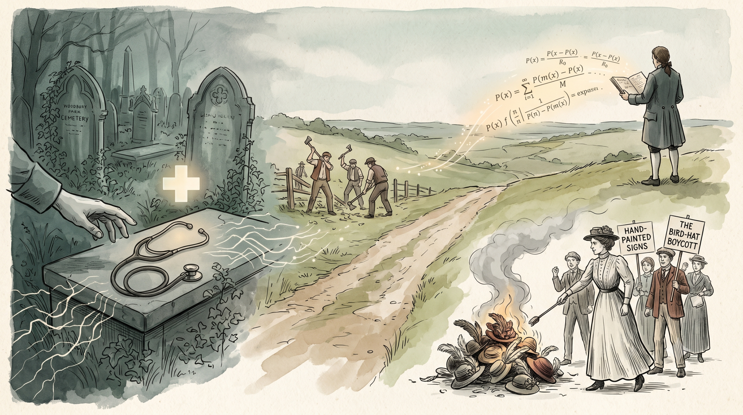 Vintage-style editorial watercolor and ink panoramic illustration for WalkTW Tour 2. A multi-scene narrative layout showing a moody Victorian cemetery path on the left with a glowing medical cross and a flexible stethoscope on a stone tomb. In the center, 19th-century workers with axes break down a wooden fence on a dirt track cutting through the green hills of Tunbridge Wells Common. On the right, an 18th-century minister reads a book under floating mathematical probability formulas, while below him, a group of Edwardian women burn feathered hats next to a sign reading 'The Bird-Hat Boycott'.