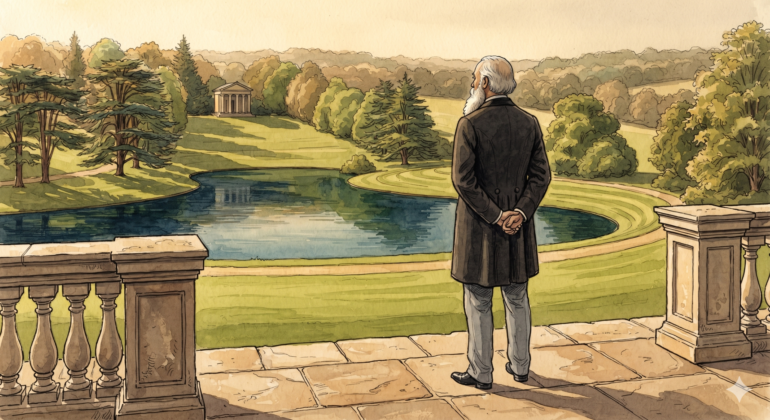A watercolor-style illustration of a man with a long white beard, viewed from behind, standing on a stone balcony with balusters. He is looking out over a manicured landscape garden featuring a sweeping lawn, an ornamental pond with reflections, cedar trees, and a classical rotunda in the distance under a warm, hazy sky. The atmosphere is one of contemplation.