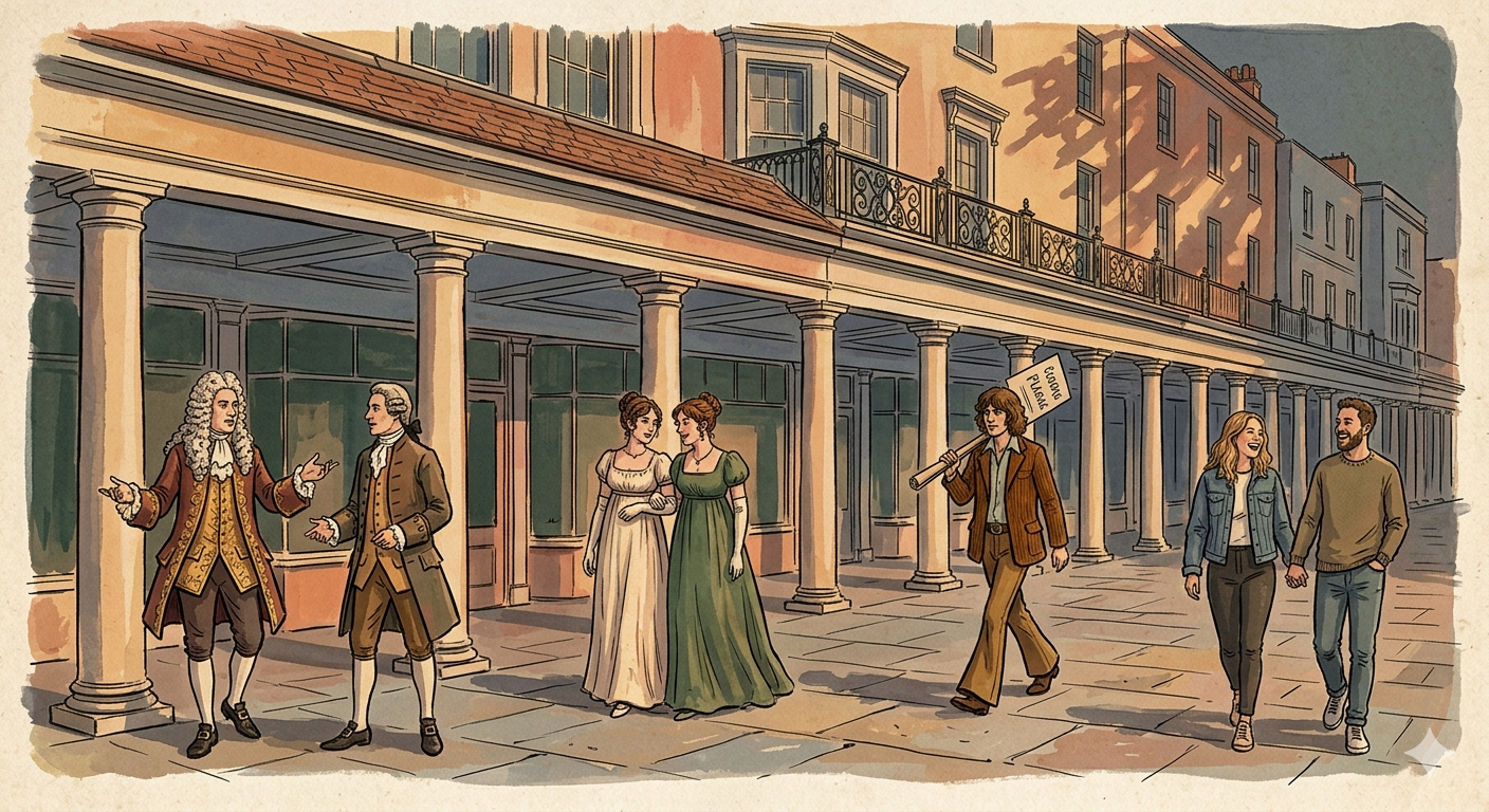A painterly editorial illustration of The Pantiles in Royal Tunbridge Wells at dusk, featuring a diverse group of figures from different eras—including a Georgian gentleman, Regency women, a 1970s individual, and a contemporary couple—promenading beneath the Georgian colonnade.