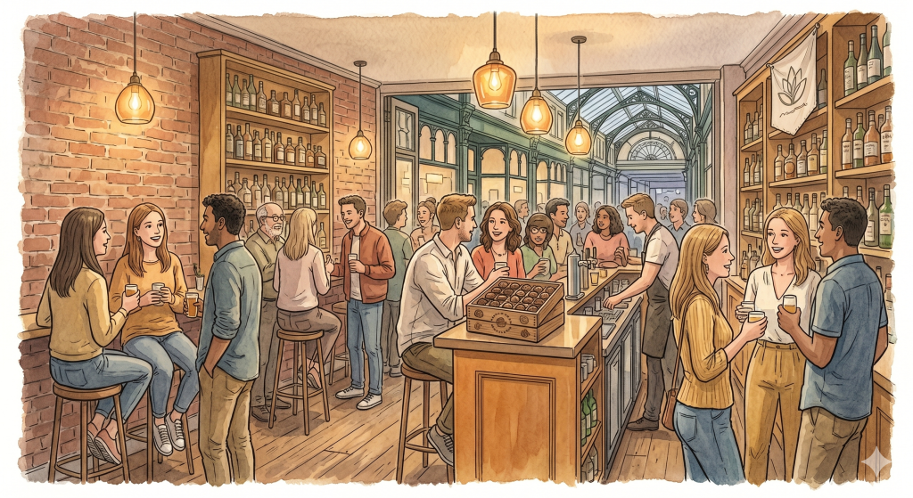 Following the walktw.co.uk editorial image theme: a warm, contemporary watercolour-and-ink illustration of a small bar interior in the evening, May 2024. The space is a compact, modern bar unit inside a covered shopping arcade — bare brick walls, pendant lights, a short bar along one side. A crowd of perhaps twenty people fill the room, talking in groups of two and three. The atmosphere is animated but not chaotic — the energy of a first night that has gone better than expected. Sponsored by local businesses: a small banner from a cosmetics company, a crate of chocolates on the bar. The room is full without being crowded. The mood is celebratory in the most grounded sense — people who weren't sure this would work, finding out that it did. Warm amber interior light. Brick, warm wood, and soft gold palette. Editorial watercolour-and-ink style consistent with walktw.co.uk's image theme. No text.
