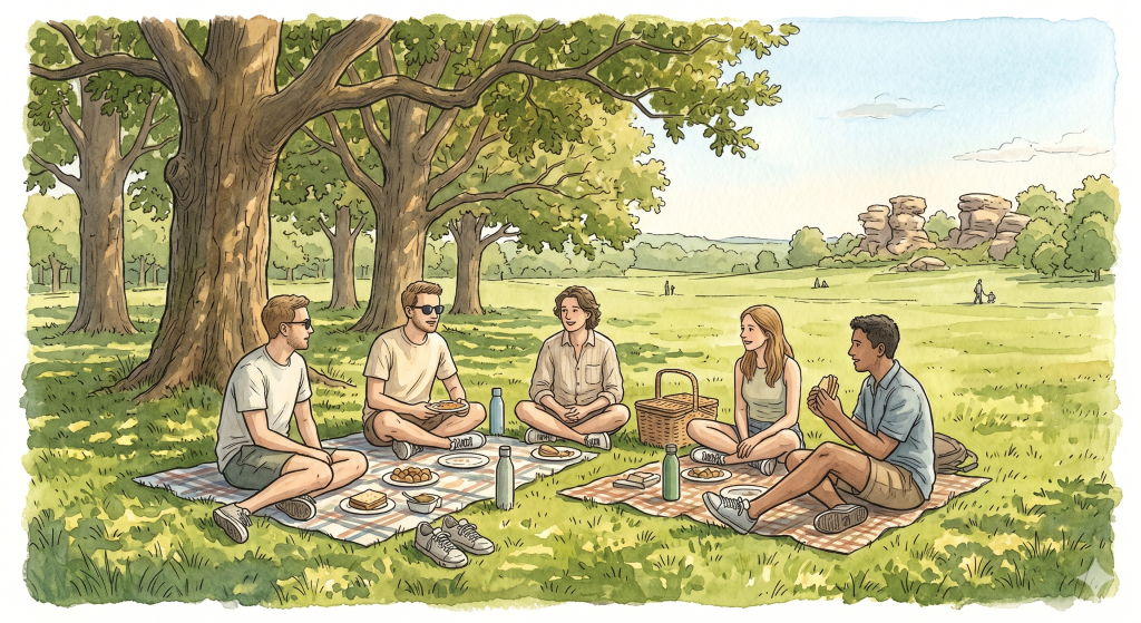 Following the walktw.co.uk editorial image theme: a warm, gentle watercolour-and-ink illustration of a small informal gathering on Tunbridge Wells Common on a summer afternoon, circa 2021. Four or five people sit on picnic blankets on the grass beneath oak trees, food and drinks between them, mid-conversation. The Common stretches behind them — open green space, the familiar sandstone outcrops of Wellington Rocks visible in the far distance. The people are dressed in unremarkable summer clothes: t-shirts, trainers, sunglasses. Nobody is performing or posturing. The scene is the simplest possible version of people who have found each other — a first picnic, a first attempt, the thing before the thing. Warm, dappled summer light. Soft green and ochre palette. Painterly editorial illustration style consistent with walktw.co.uk's image aesthetic. No text, no signs, no flags.