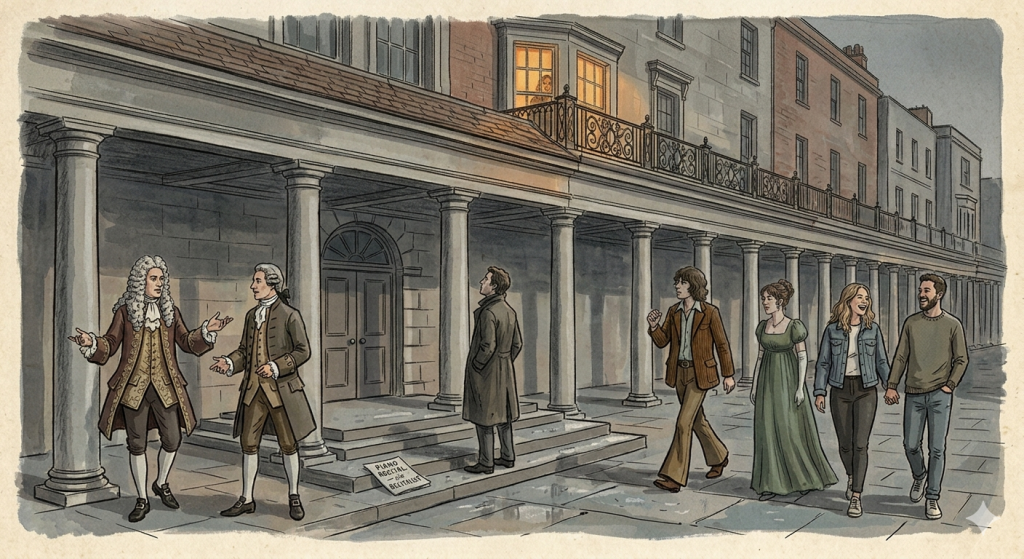 A quietly dramatic editorial illustration of the exterior of a grand civic building — stone-faced, Edwardian, authoritative — on a grey evening in 1974. The arched double doors are firmly closed. A concert programme lies on the steps, slightly rain-dampened, reading "Peter Katin — Piano Recital." A single figure stands at the base of the steps in a long coat, hands in pockets, looking up at the closed doors. He does not look defeated — he looks patient. The atmosphere is one of dignified, unhurried resistance. Pencil-and-wash illustration style. Palette of charcoal, stone grey, and one small warm amber light in a window above.