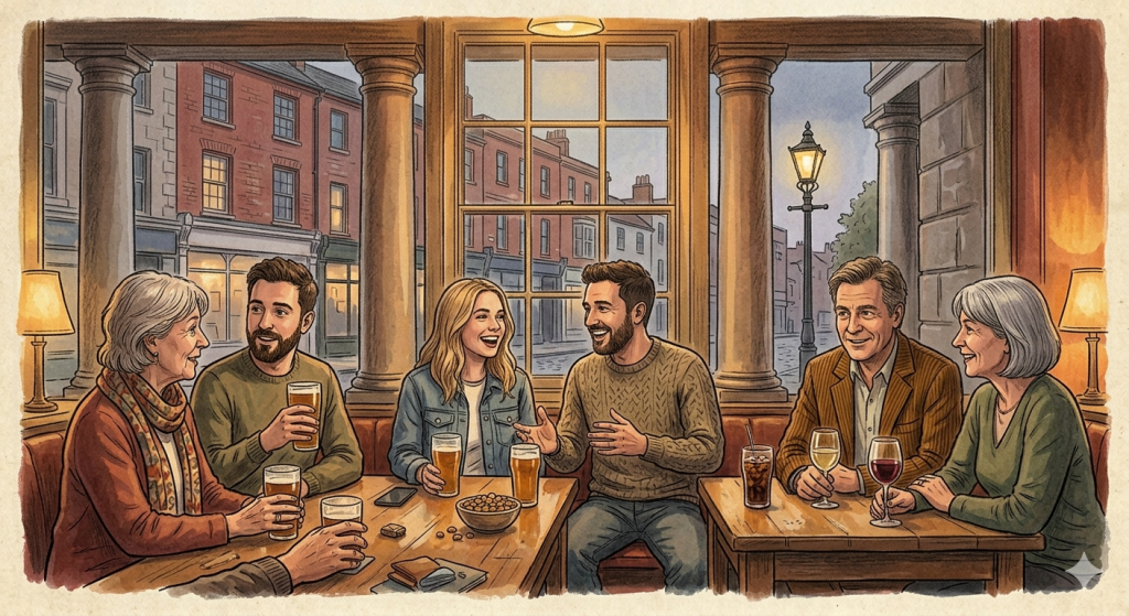 A warm editorial illustration of a small informal social gathering in a pub in Royal Tunbridge Wells, contemporary. Six or seven people of different ages sit around two pushed-together tables — drinks in hand, mid-conversation, relaxed. Through the window behind them, the familiar red brick of a Tunbridge Wells high street is visible. There are no flags, no banners, no signage of any kind. The image's entire argument is in the warmth of the scene — people who found each other in a town that gave them no infrastructure to do so. Painterly, intimate illustration style. Golden pub light, warm amber and brick-red palette.