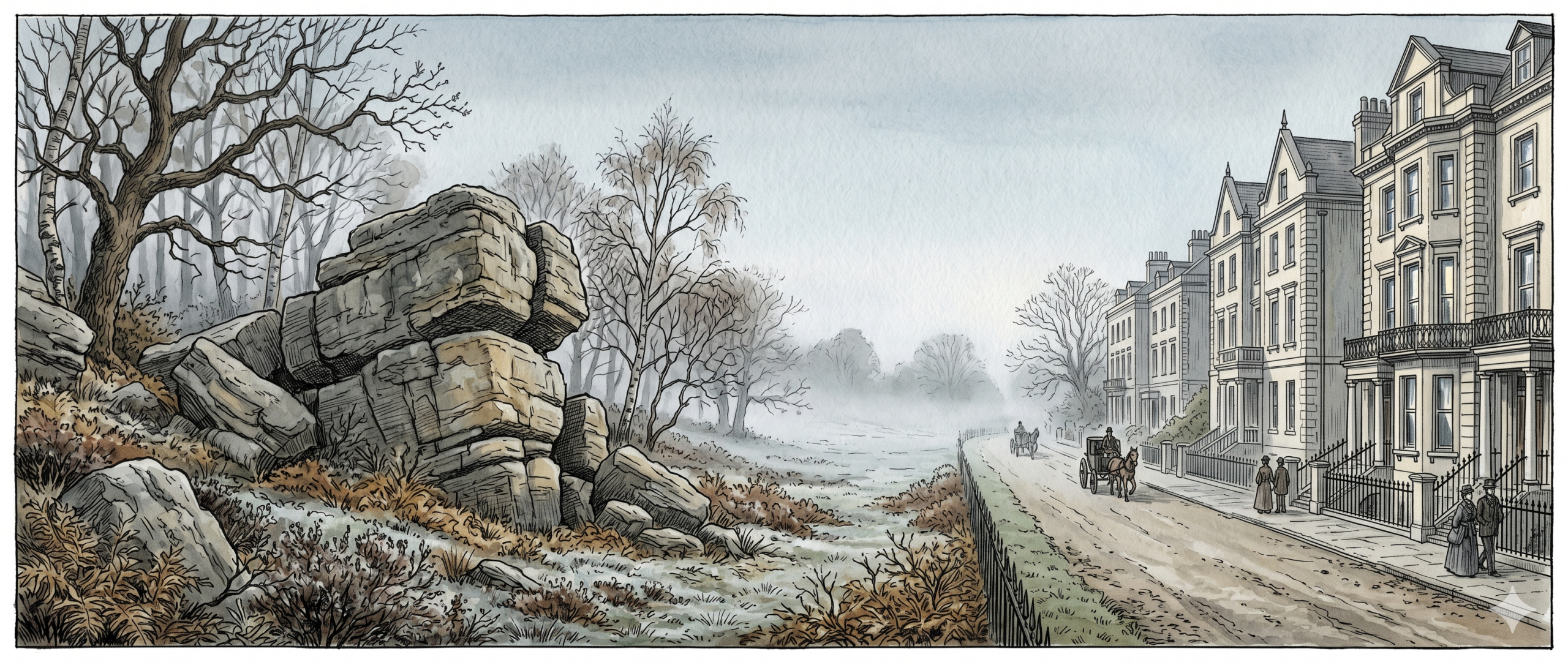 Vintage watercolor and ink illustration of Wellington Rocks on Tunbridge Wells Common, facing the Victorian mansions of Mount Ephraim on a misty 19th-century morning.