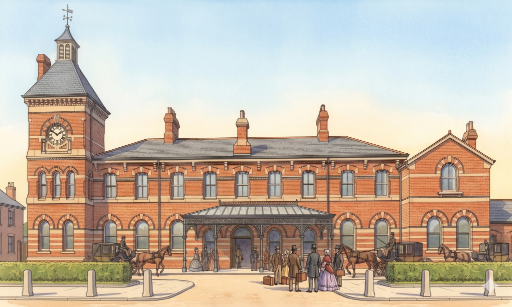 A detailed architectural illustration of a newly completed Victorian railway station, October 1866. The building is two storeys of red brick with ashlar dressings and black brick detailing, a ten-bay centre block with a gable-fronted wing to the west and a three-storey clocktower to the east. The clocktower terminates in a pyramidal slate roof with a louvred cupola and weathervane above. Nine round-arched windows run across the ground floor, connected by a decorated ashlar impost band. Horse-drawn cabs wait on the forecourt. A small crowd of Victorian passengers with luggage stand at the entrance. The building radiates civic confidence — this is an architect who knew exactly what he was doing. Clean line illustration with warm watercolour wash, golden afternoon light.