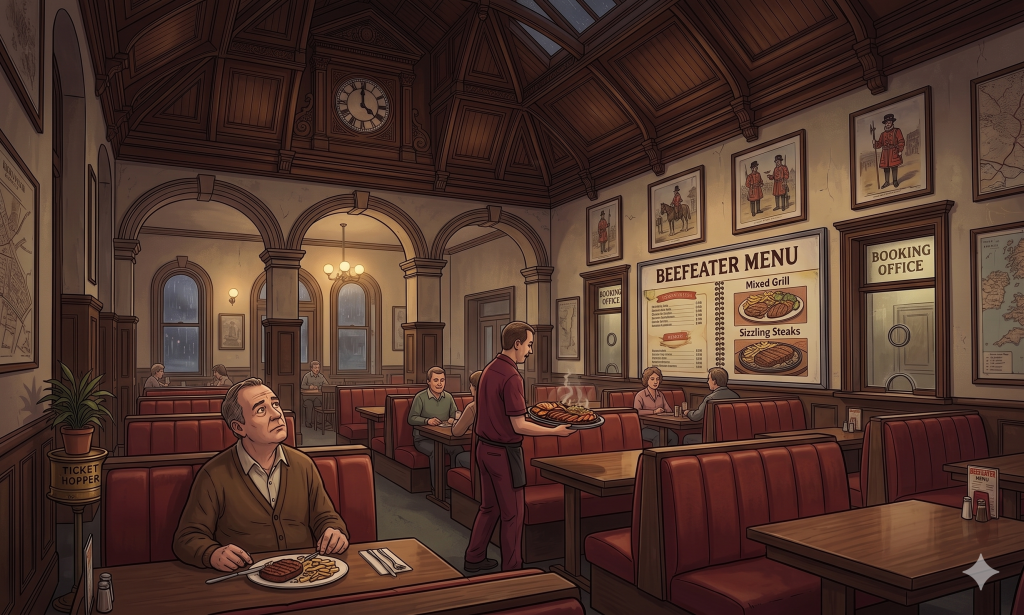 A slightly melancholy interior illustration of a Victorian railway booking hall converted into a Beefeater restaurant, circa 1988. The original panelled ceiling is visible above, the three-bay columned arcade still frames the room, and the four original ticket windows are now partially obscured by a laminated menu board. Rows of red-upholstered booths fill the floor where the ticket queues once stood. A waiter in a burgundy uniform carries a mixed grill. One diner looks up at the ceiling with a faintly puzzled expression, as if wondering what the room used to be. The comedy is gentle, not cruel. Warm interior light, slightly faded palette — the aesthetic of a Sunday evening in 1989.