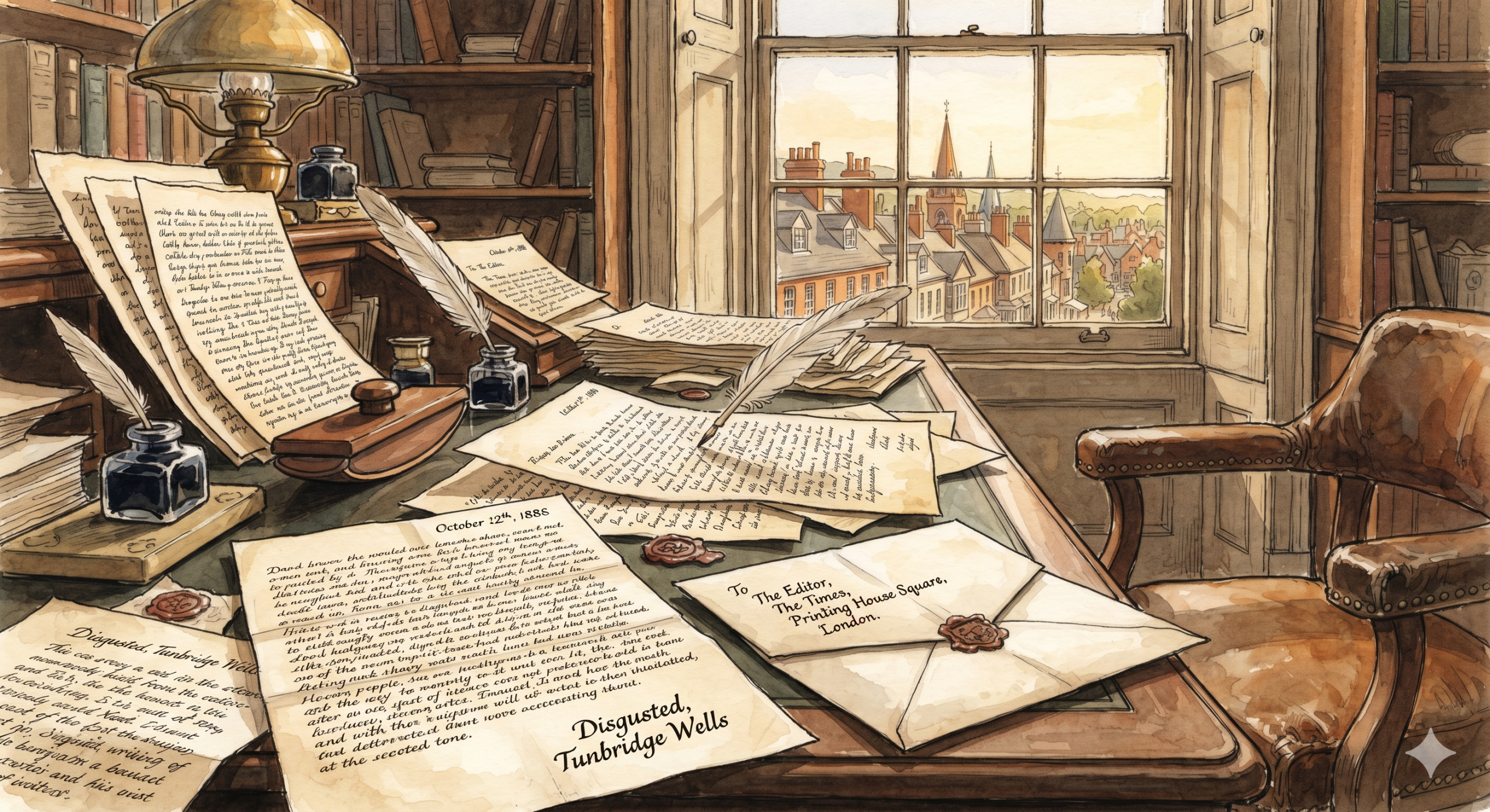 A warm watercolour-and-ink illustration of a messy Victorian writing desk covered in letters, featuring an inkwell, a quill pen, and a prominent signature reading "Disgusted, Tunbridge Wells" with a Georgian sash window looking out onto town rooftops in the background.