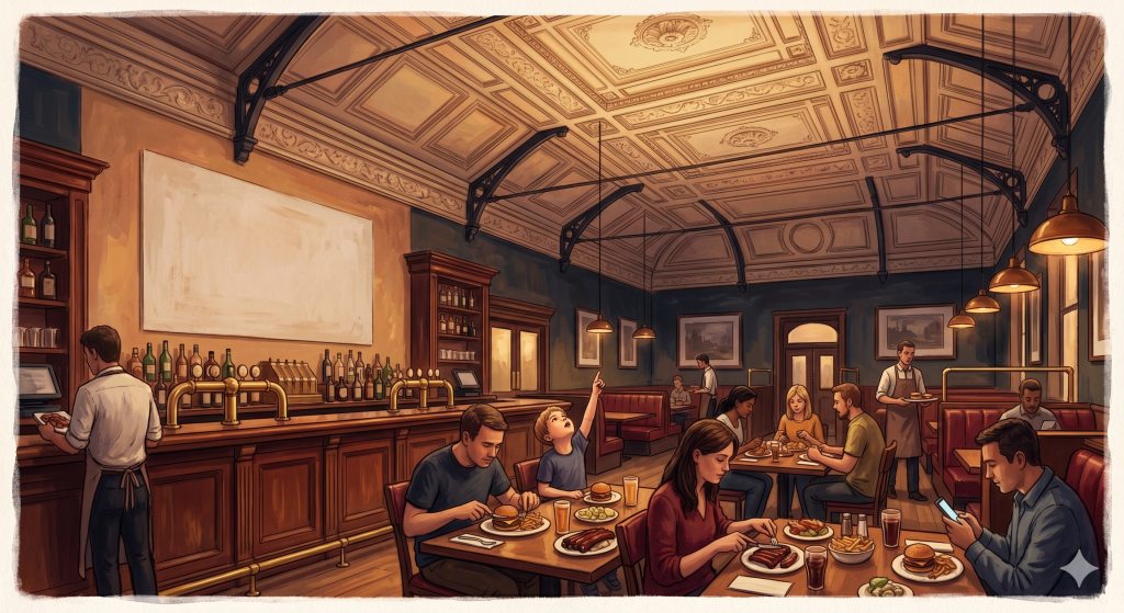 A quietly pointed editorial illustration of the interior of a converted Victorian railway station now operating as a steakhouse. The panelled ceiling soars above — richly detailed, historically significant, entirely ignored. Below it, four tables of diners eat burgers and ribs, all looking down at their plates or phones. One small child at the far table is the only person in the frame looking upward, pointing at the ceiling. On the wall behind the bar, a blank rectangle of painted plaster sits where an interpretation panel might one day go. Warm amber restaurant lighting. The illustration's emotional register is not angry — it is wistful. Painterly editorial style.
