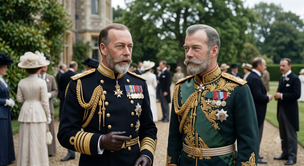 A realistic historical photograph depicting King George V of Great Britain and Tsar Nicholas II of Russia standing side-by-side at an outdoor garden party. Both men possess striking physical similarities, including neatly trimmed, greying beards and prominent moustaches. They wear ornate, highly detailed military uniforms adorned with gold epaulets, sashes, and numerous medals. In the blurred background, other Edwardian-era guests mingle on the grounds of an estate.