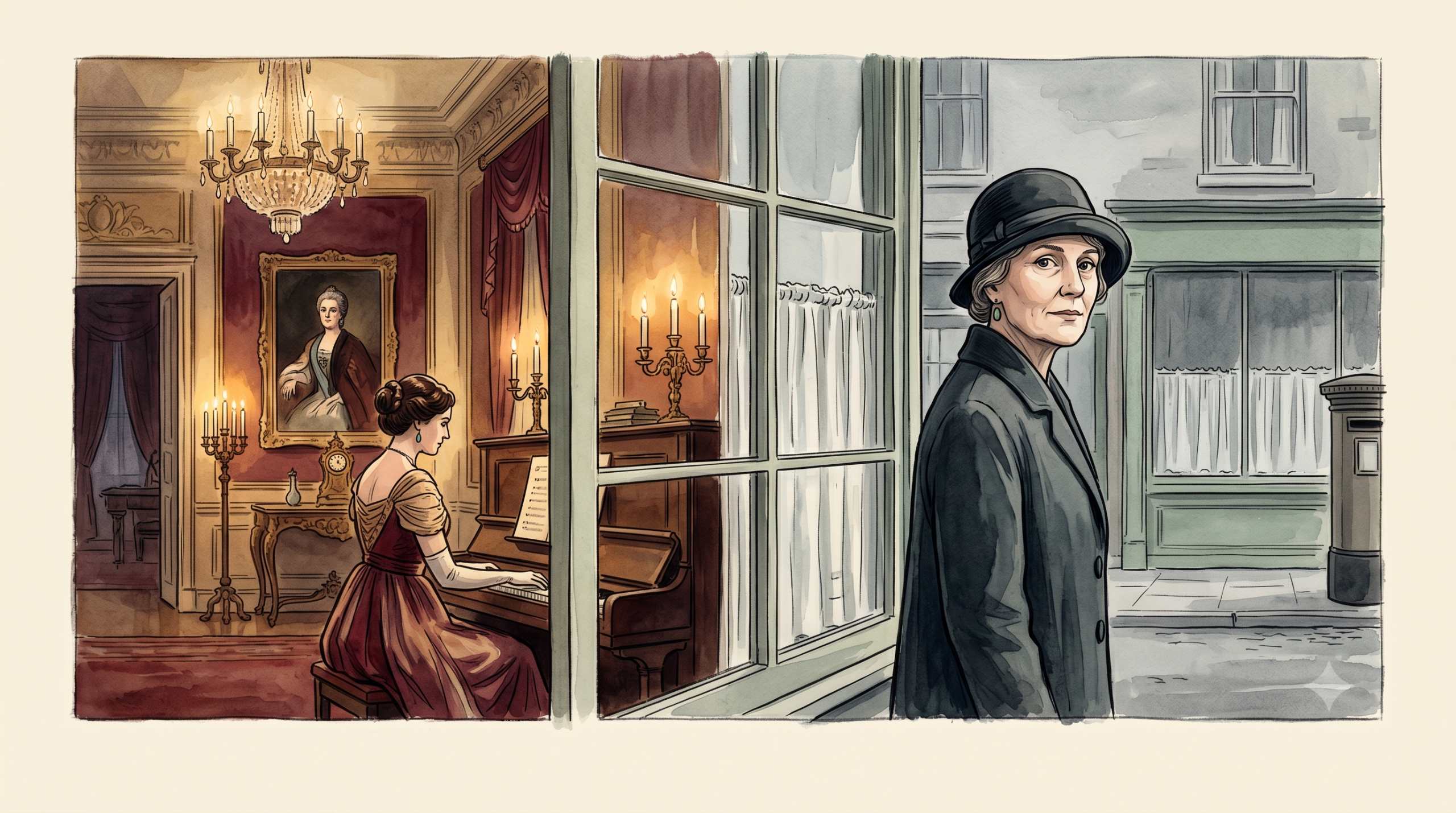 A vintage-style watercolour and ink illustration divided by a vertical window frame. The left side shows a warm, opulent 1910 Russian interior with a woman in a crimson gown playing a piano under a grand chandelier. The right side shows the same woman in 1925 on a muted, grey street in Tunbridge Wells, wearing a dark coat and cloche hat, looking back toward her past.