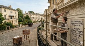 A realistic historical illustration of master builder William Willicombe and a young apprentice on a wooden scaffold, working on the ornate stone frieze of a neoclassical building facade on Calverley Terrace in Royal Tunbridge Wells. A large project sign and an easel on the cobblestone street bear his name.