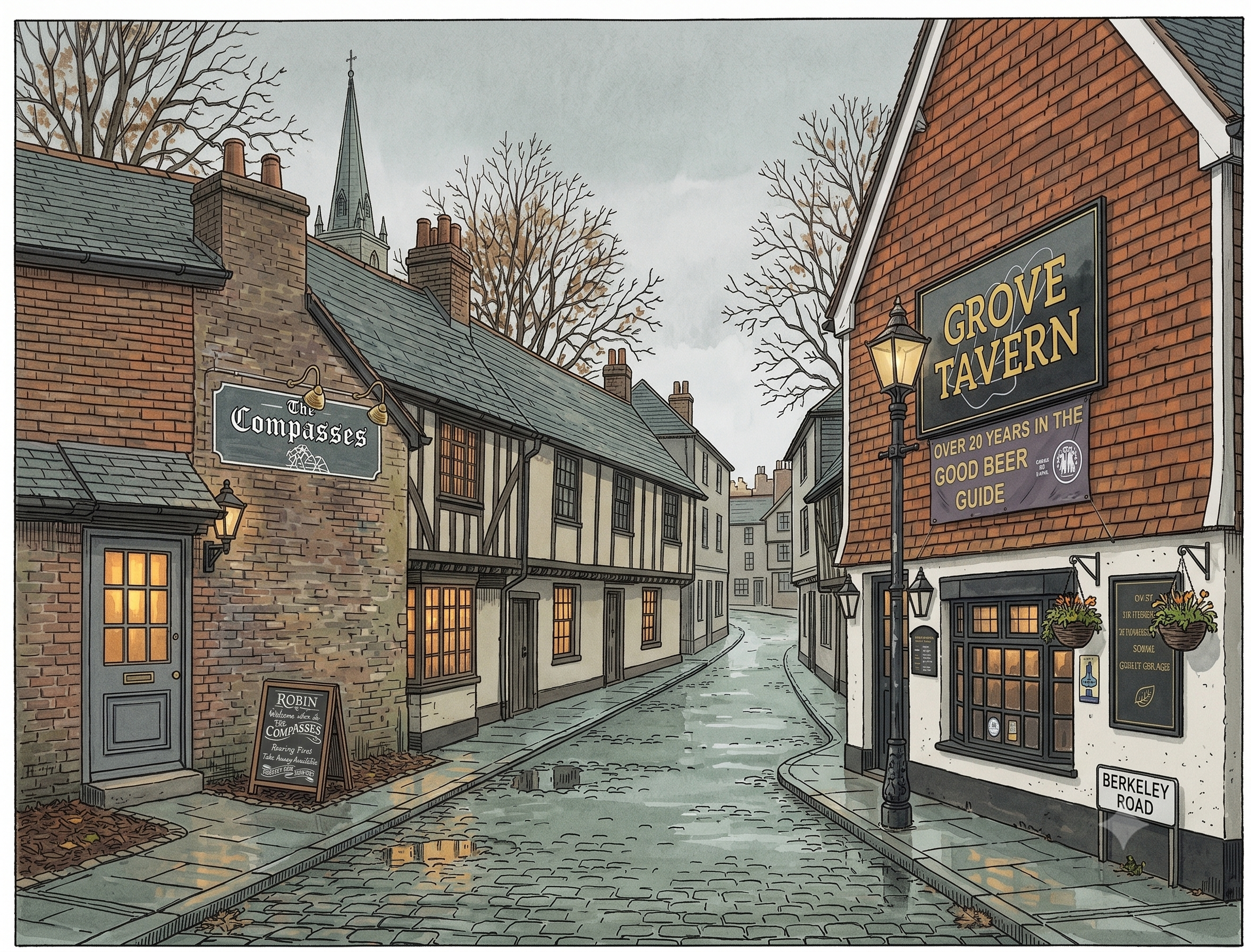 Vintage-style editorial watercolor and ink illustration of a narrow, quiet cobblestone street on a grey autumn afternoon in Little Mount Sion, Tunbridge Wells. On the left is the brick facade of The Compasses pub with amber light glowing from the window. On the right is the timber-hung facade of the Grove Tavern with its prominent black and yellow sign. The empty street stretches between them toward a church spire in the distant background.