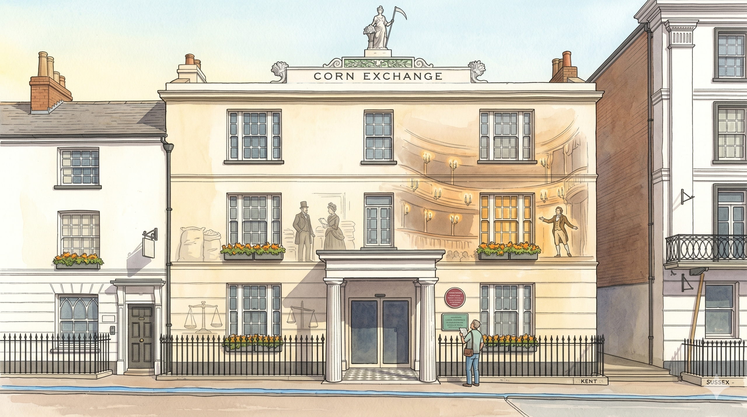 A vintage-style editorial illustration of the Corn Exchange in Royal Tunbridge Wells, shown in three layered architectural cross-sections: the current antiques market, the Victorian-era grain exchange, and the original Georgian theatre.