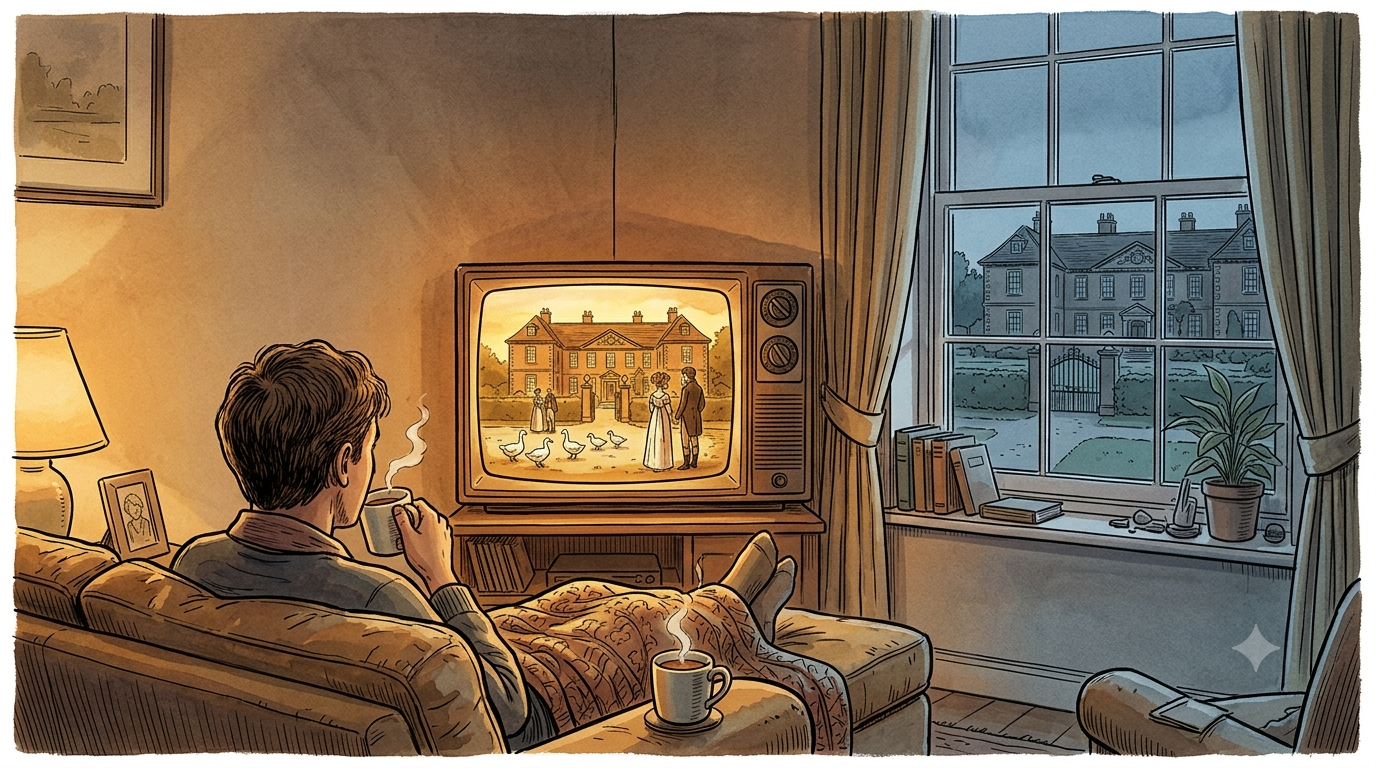 A warm, hand-drawn editorial illustration showing a person relaxing on a sofa in a cosy, lamp-lit living room at dusk. They are watching an old television that displays a warm, golden scene of a Regency-era manor house. To the right, a Victorian sash window looks out onto the exact same manor house, but rendered in the cool, blue-grey tones of a real-world twilight in Tunbridge Wells.