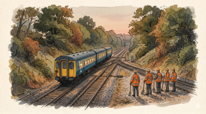 A vintage-style watercolor illustration of a British Rail diesel multiple unit train passing a group of railway workers in high-visibility jackets at a junction on a summer evening in 1985.