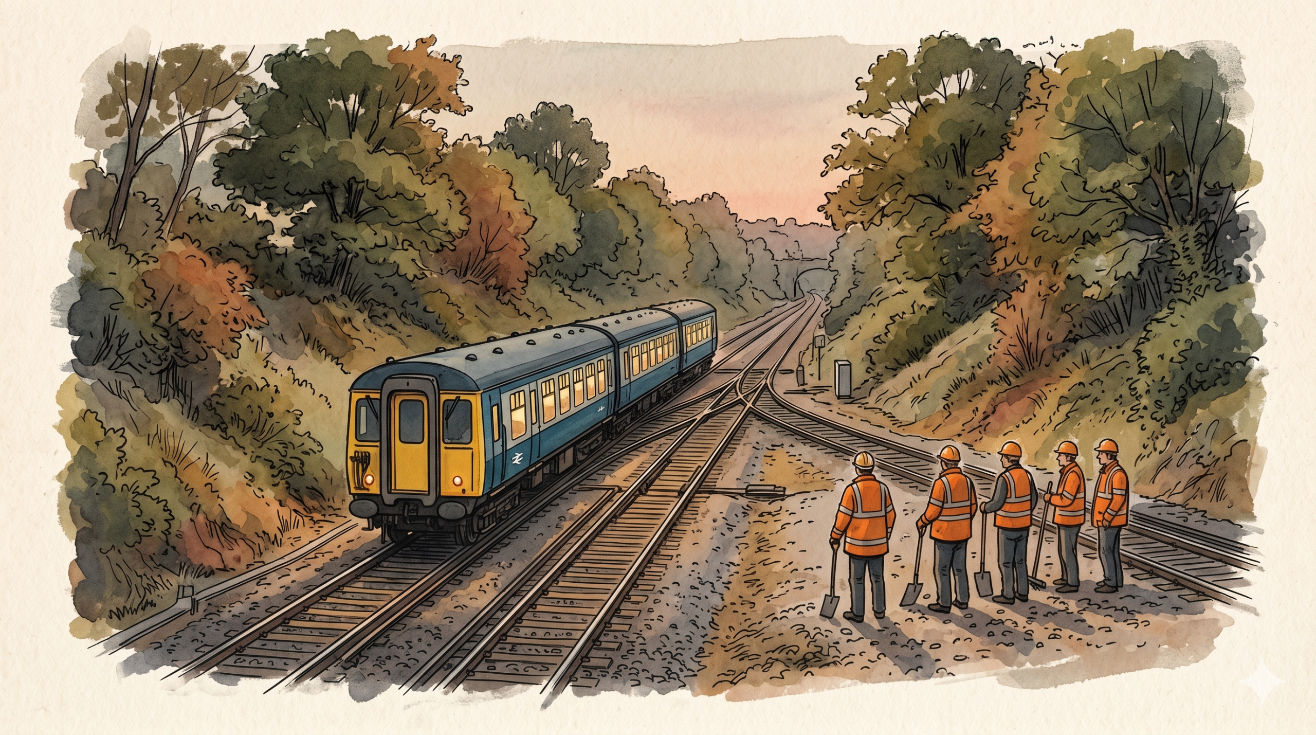 A vintage-style watercolor illustration of a British Rail diesel multiple unit train passing a group of railway workers in high-visibility jackets at a junction on a summer evening in 1985.