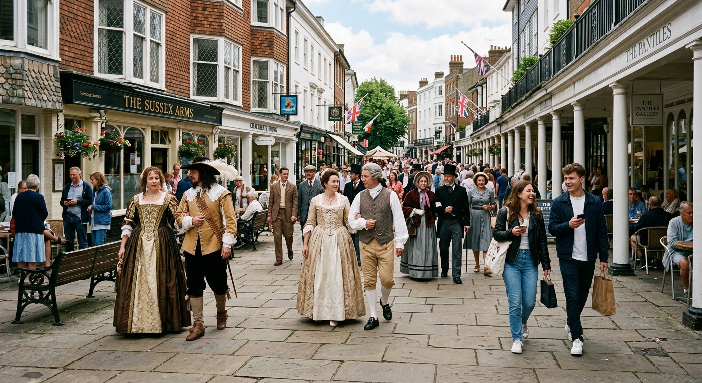 People in modern and historical dress walk along the colonnaded street of The