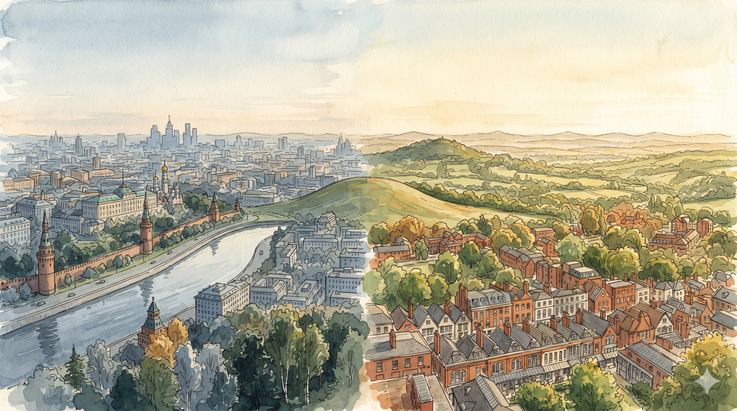 A panoramic vintage watercolor-and-ink editorial illustration seamlessly merging two cityscapes at dawn. The left side shows an elevated view of Moscow with the Kremlin, the Moscow River curve, and the Seven Sisters skyscrapers faintly on the horizon in a cool palette of slate blue and winter gold. The right side smoothly transitions into Royal Tunbridge Wells, showcasing the Pantiles rooftops and rolling hills of the High Weald in warm ochre and brick red. A single, shared green hill stands directly in the center as the shifting horizon line.