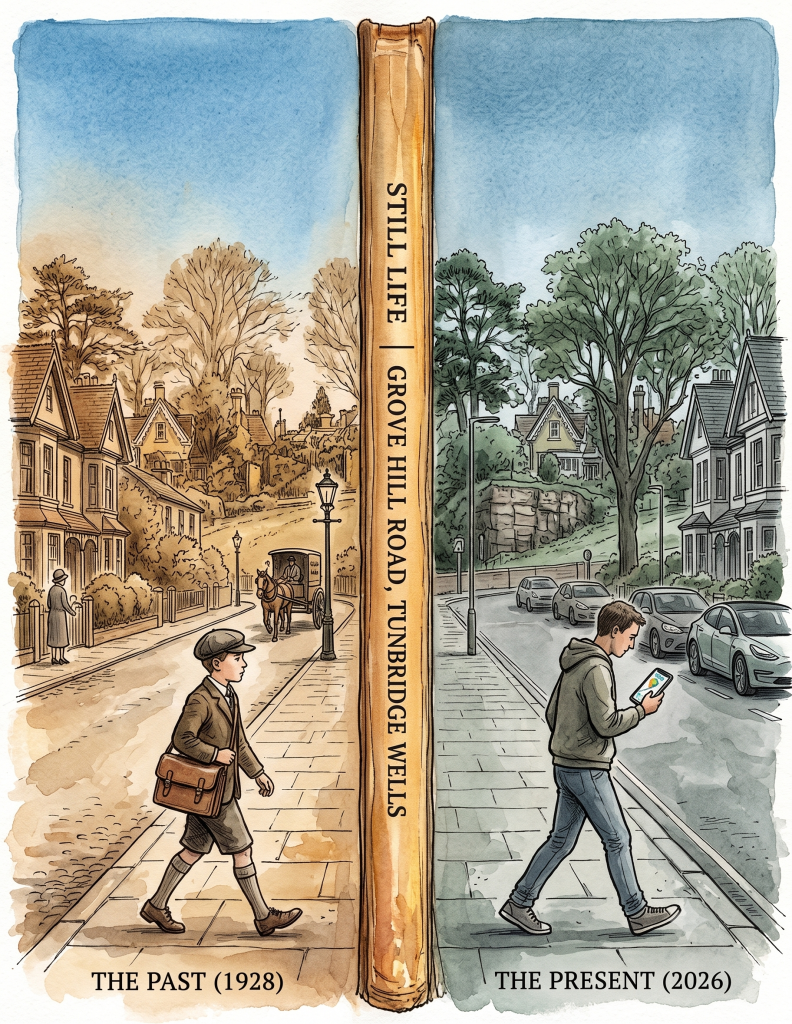 A precise, evocative vintage editorial illustration
in watercolour and ink. A single Tunbridge Wells
street — Grove Hill Road — shown twice in one
frame, divided vertically down the centre
by the spine of an open book. LEFT HALF — 1928. The same street in
warm sepia tones: a small boy in a school
cap and short trousers walks along the
pavement, satchel swinging. The houses
are the same Victorian terraces. A
horse-drawn delivery cart is visible
at the far end. Gas lamps. A woman
in a cloche hat at a garden gate.
The rooftops and bare trees are
rendered in the same style as
the cover of Still Life —
loose watercolour wash,
warm and slightly faded. RIGHT HALF — 2026. The same street
in slightly cooler, more present tones.
The same houses — barely changed.
A person walks the same pavement
looking down at a smartphone,
Google Maps open on the screen.
The roofline is identical.
The trees are bigger.
Everything else is
almost the same. The open book sits in the centre —
its spine the dividing line between
then and now. Its cover illustration
(the watercolour of rooftops)
is visible on both sides. Palette: warm sepia and ochre
on the left, cool grey-green
and slate on the right.
The book spine glows
slightly — the warm
amber of old paper,
the hinge of time. Style: vintage editorial watercolour
and ink, precise and quietly moving.