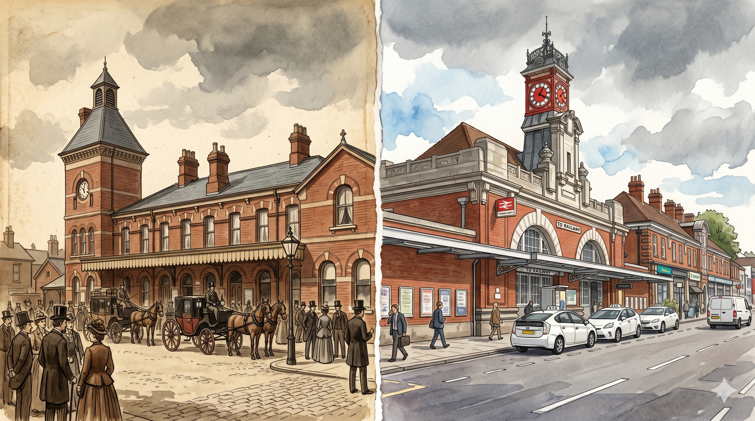 A split-composition illustration showing a Victorian-era railway station with horse-drawn carriages on the left and the modern-day red-brick station with a clock tower and modern taxis on the right.