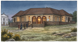 The main hero image for the forum page, depicting the stylized entrance of a classical building with the sign “THE FORUM” in warm evening light and a diverse group of people.