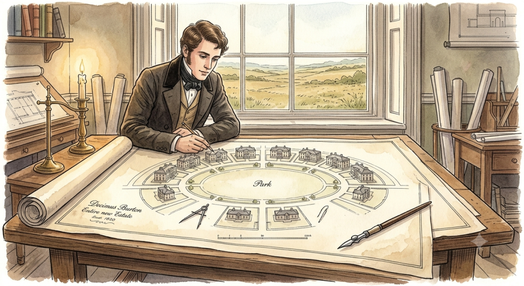 Architect Decimus Burton drafting an architectural plan for a new estate arranged around a central park area