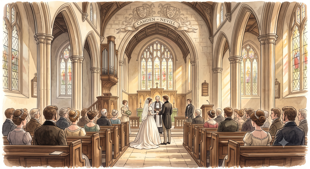 A bride and groom exchange vows at the altar during a 19th-century church wedding beneath a banner reading CAMDEN - NEVILL