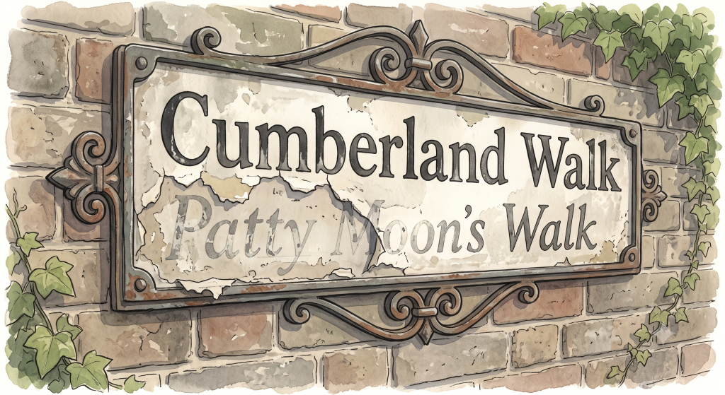Vintage street sign reading Cumberland Walk with peeling paint revealing Patty Moon's Walk underneath