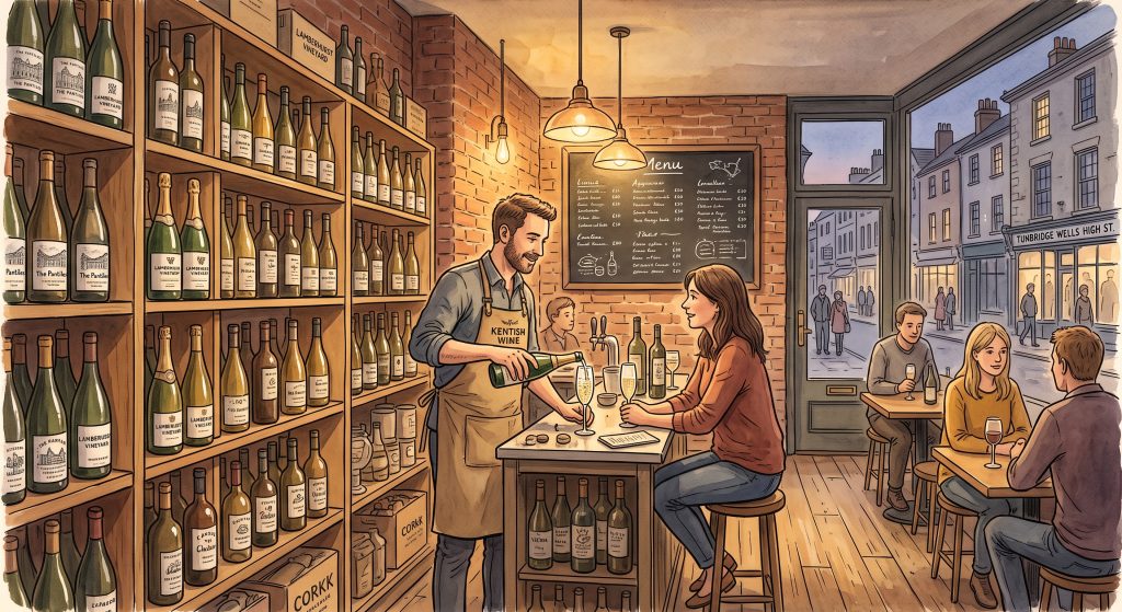 A bartender pours wine for a customer inside a cosy wine bar filled with bottles, with Tunbridge Wells High Street outside