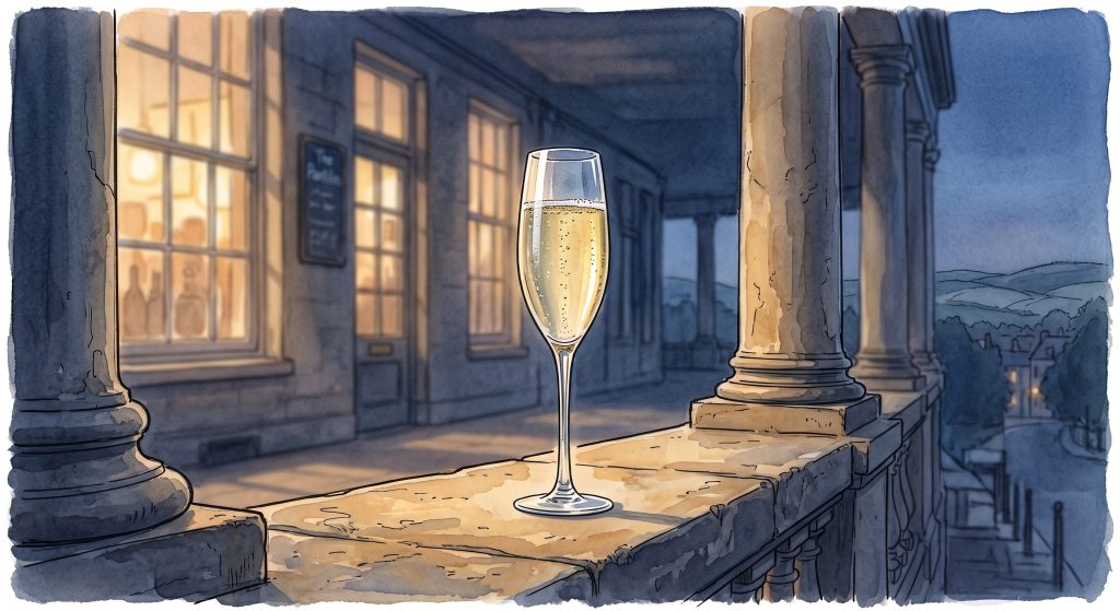 A glass of champagne resting on a stone balcony ledge outside a warmly lit building at dusk