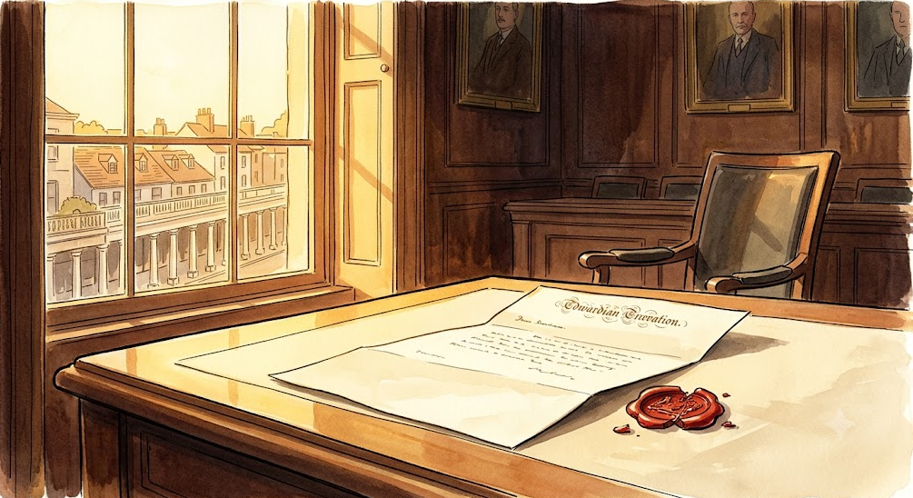 A wood-panelled office with a document titled Edwardian Elevation and a broken red wax seal on the desk