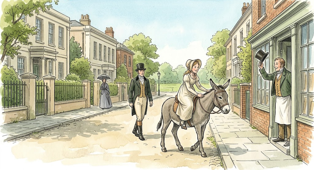 A woman on a donkey and a man in Regency-era clothing pass a shopkeeper tipping his hat on a town street