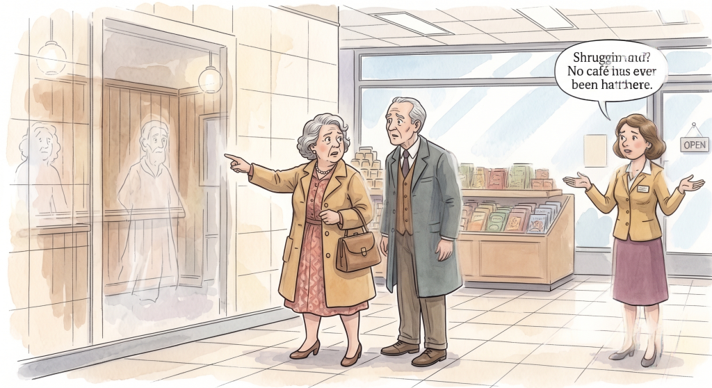 An elderly woman points at a ghostly reflection of a café while a shop worker shrugs and says no café has ever been in there