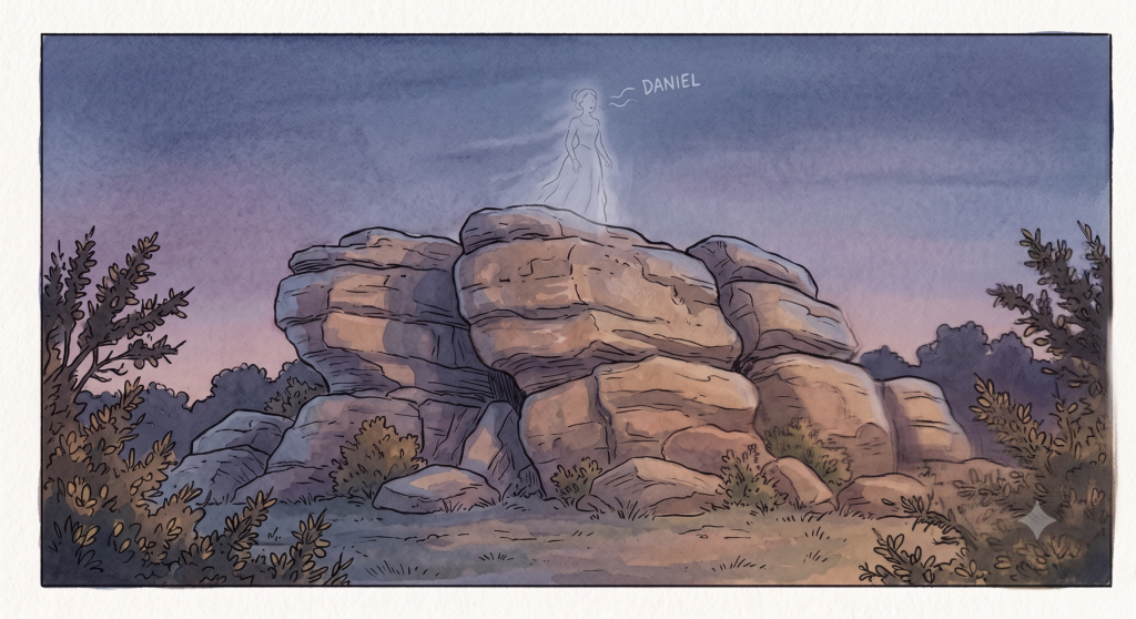 A glowing, ghostly woman stands atop a large rock formation at dusk, calling out Daniel