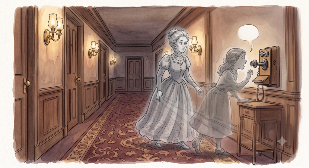 Two translucent ghostly figures in Victorian dress in a hotel corridor; a young girl speaks into a wall telephone