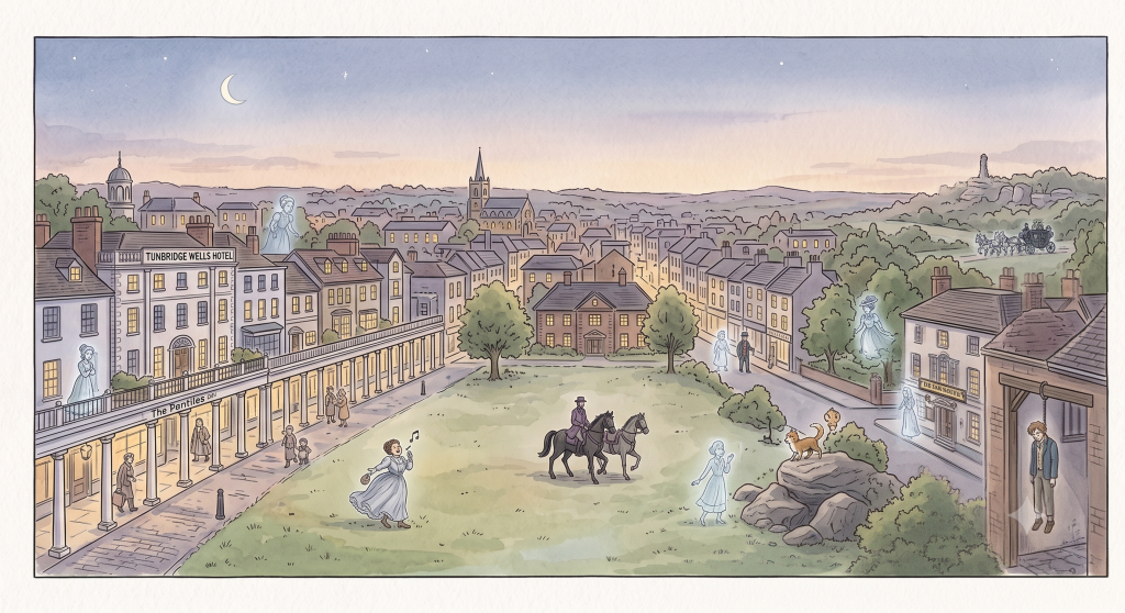 Ghostly figures float among the historic buildings and green spaces of The Pantiles in Tunbridge Wells at twilight