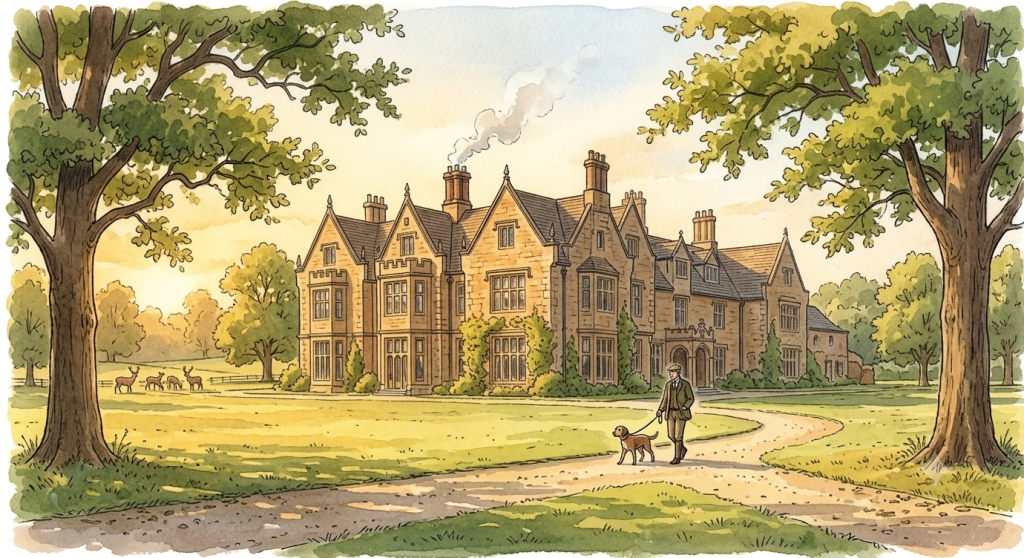 Watercolour illustration of a grand stone manor house with a man walking his dog along a path in the grounds