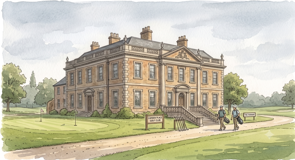 Watercolour of Camden Place Golf Club mansion beside a putting green, with two golfers walking along a path