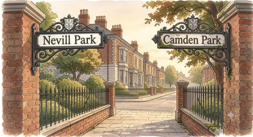 Wrought-iron signs for Nevill Park and Camden Park mounted on brick gateposts at the entrance to a residential street
