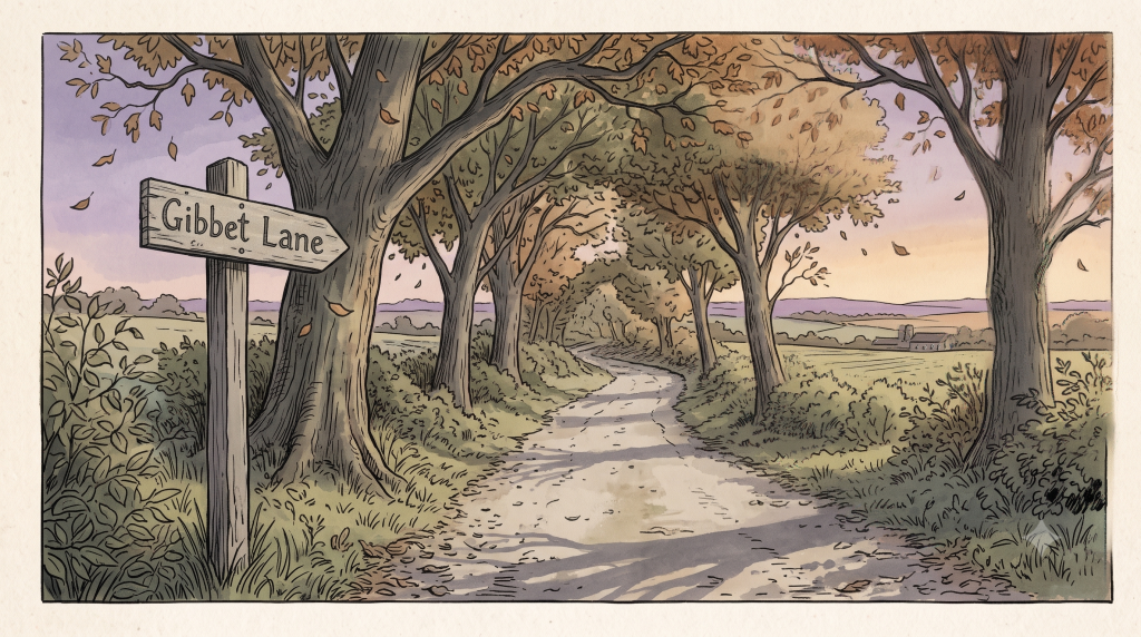 Wooden signpost reading Gibbet Lane pointing down a tree-lined country lane