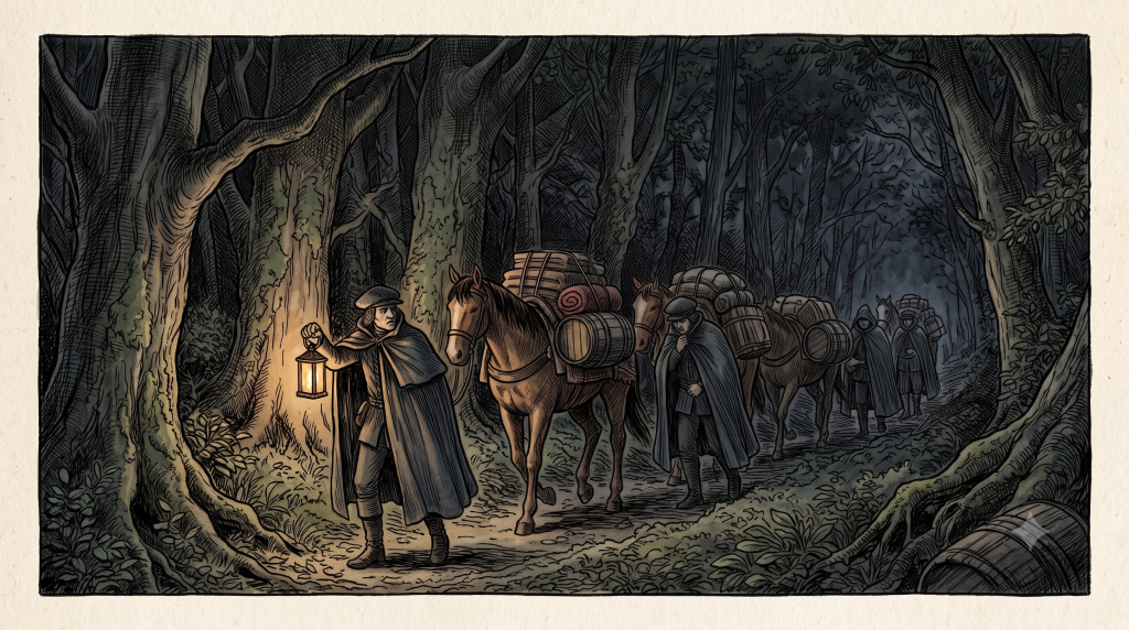 A man holding a lantern leads cloaked travellers and pack horses laden with barrels along a dark forest trail
