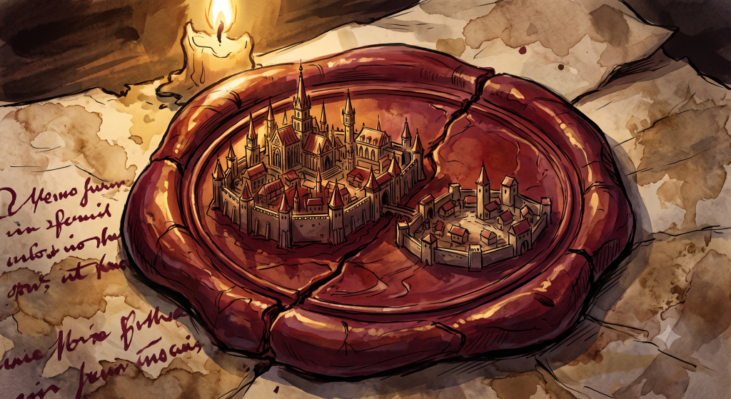A cracked red wax seal on parchment displaying a miniature medieval castle city, lit by a nearby candle