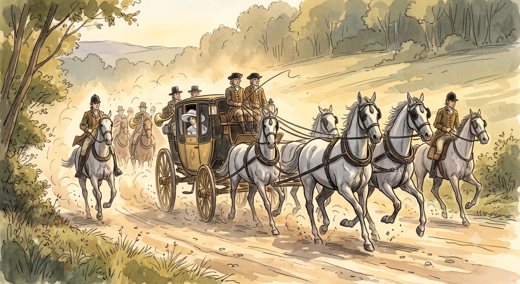 An 18th-century horse-drawn carriage pulled by white horses along a dusty country road, surrounded by mounted escorts