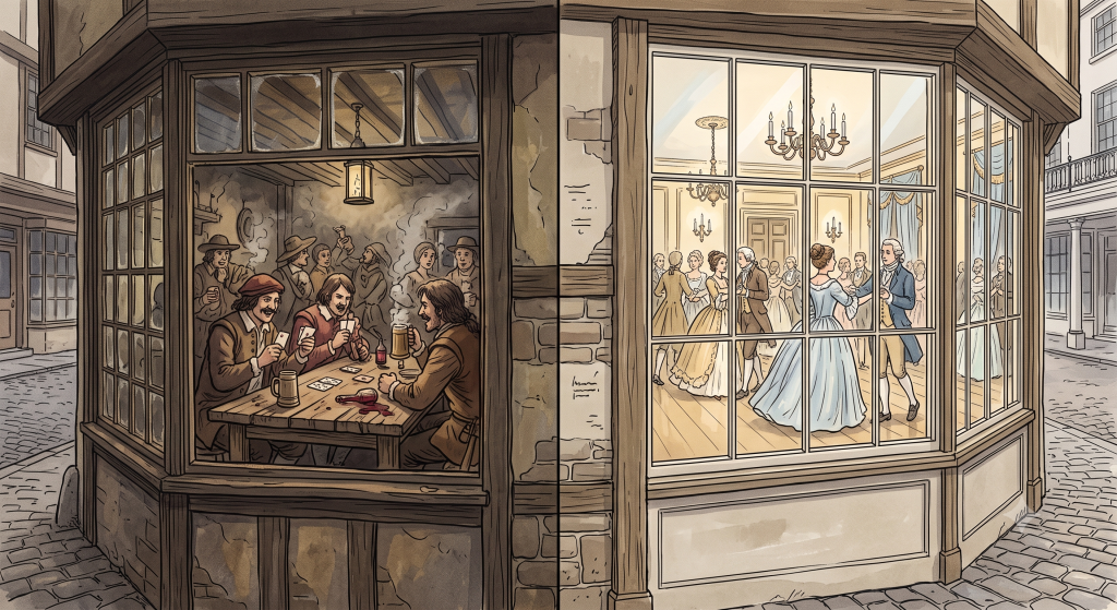 Split view contrasting a dimly lit tavern with men playing cards on the left and a bright, elegant ballroom dance on the right