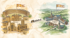 Illustrated map showing a horse-drawn carriage travelling along a route between Bath and Tunbridge Wells