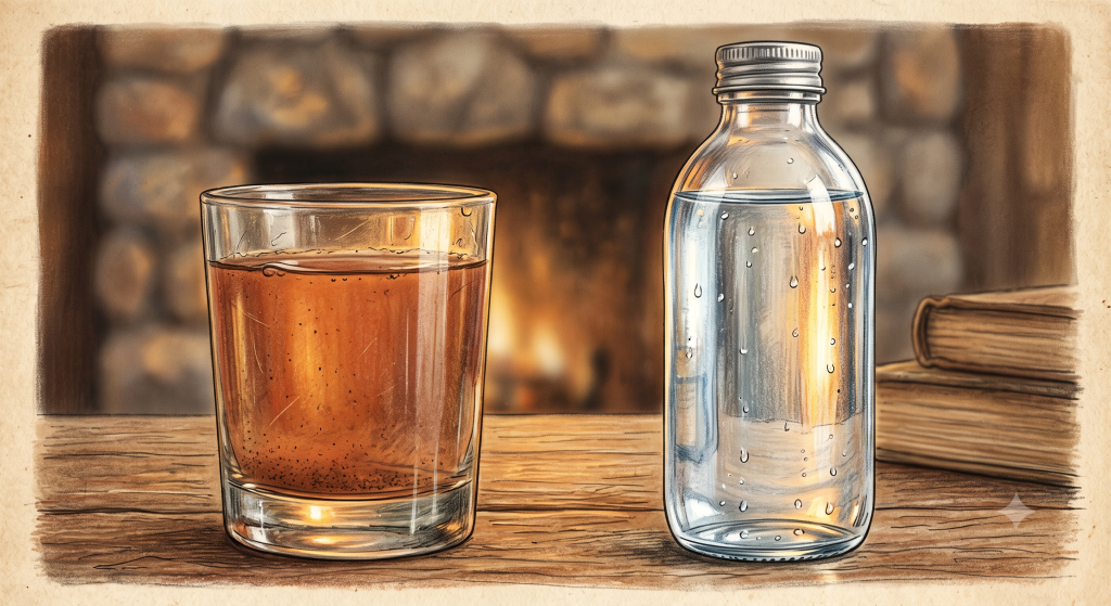 A glass of whisky beside a glass bottle of water on a wooden table in front of a stone fireplace